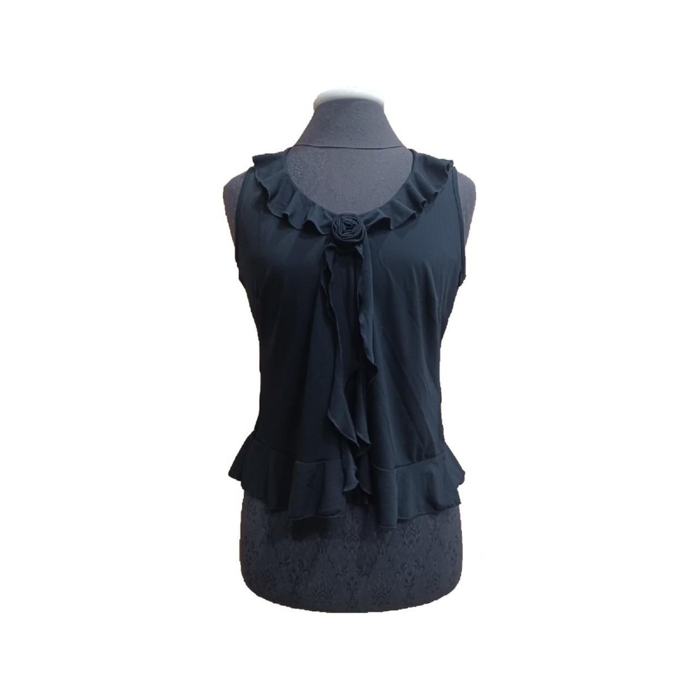 Black Ruffle Sleeveless Top Rose Detail